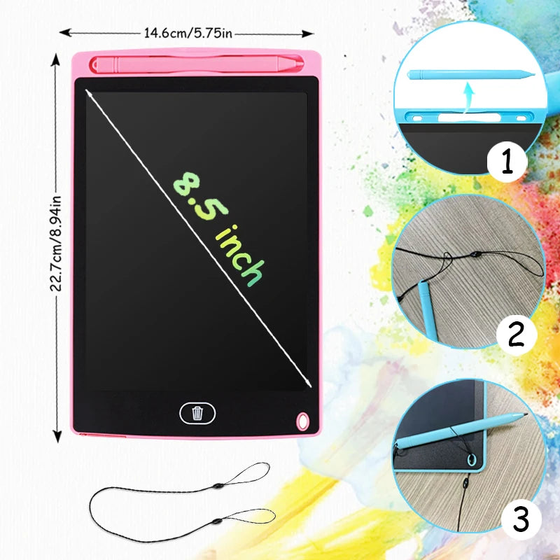 A pink LCD writing tablet with a black screen and stylus pen shown alongside its accessories.