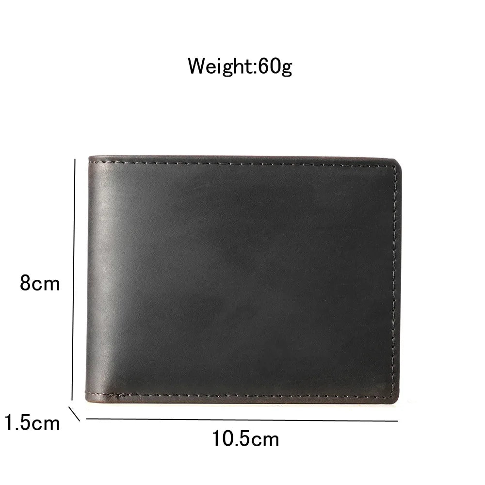 A dark brown men's genuine cowhide leather bifold wallet with a retro finish, shown flat.