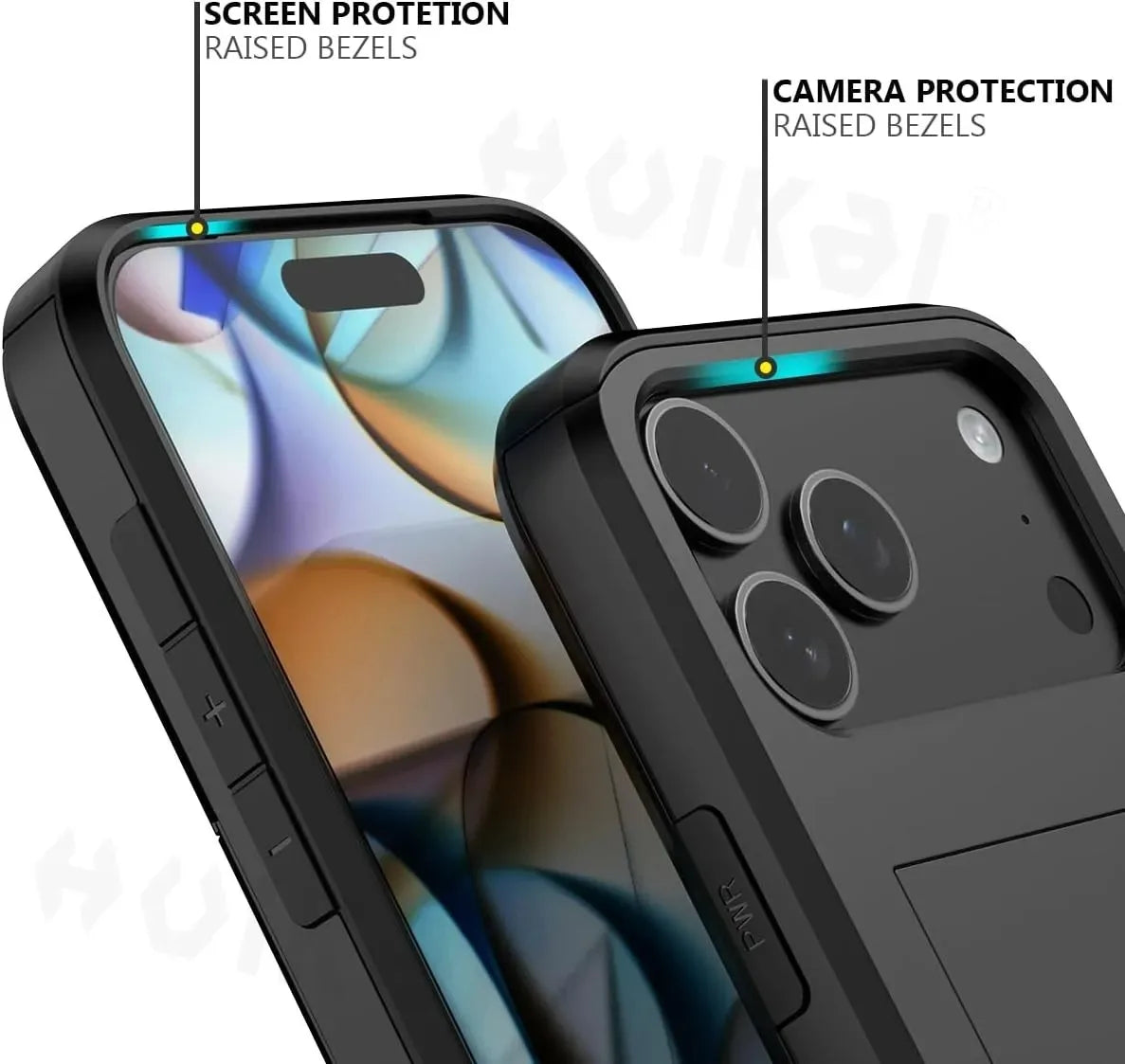 A black slim protective phone case is shown with raised bezels for screen and camera protection.