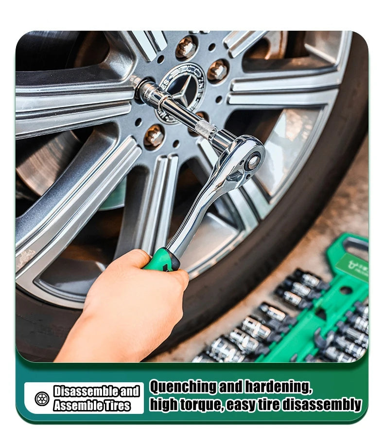 A hand uses a chrome vanadium socket set with a quick-release ratchet to disassemble and assemble tires.