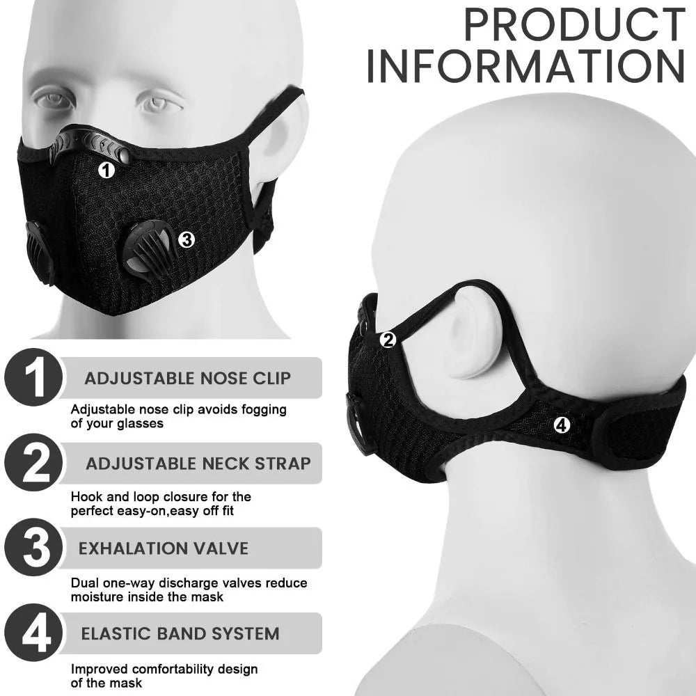 Black reusable dust mask shown on a mannequin with details of adjustable nose clip, neck strap, exhalation valve, and elastic