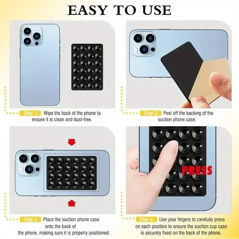 Instructions show how to use a silicone suction cup phone case by peeling off the backing and pressing it onto the phone.