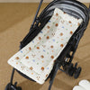 A padded baby stroller seat cushion with a light fabric featuring small animal and cloud patterns.
