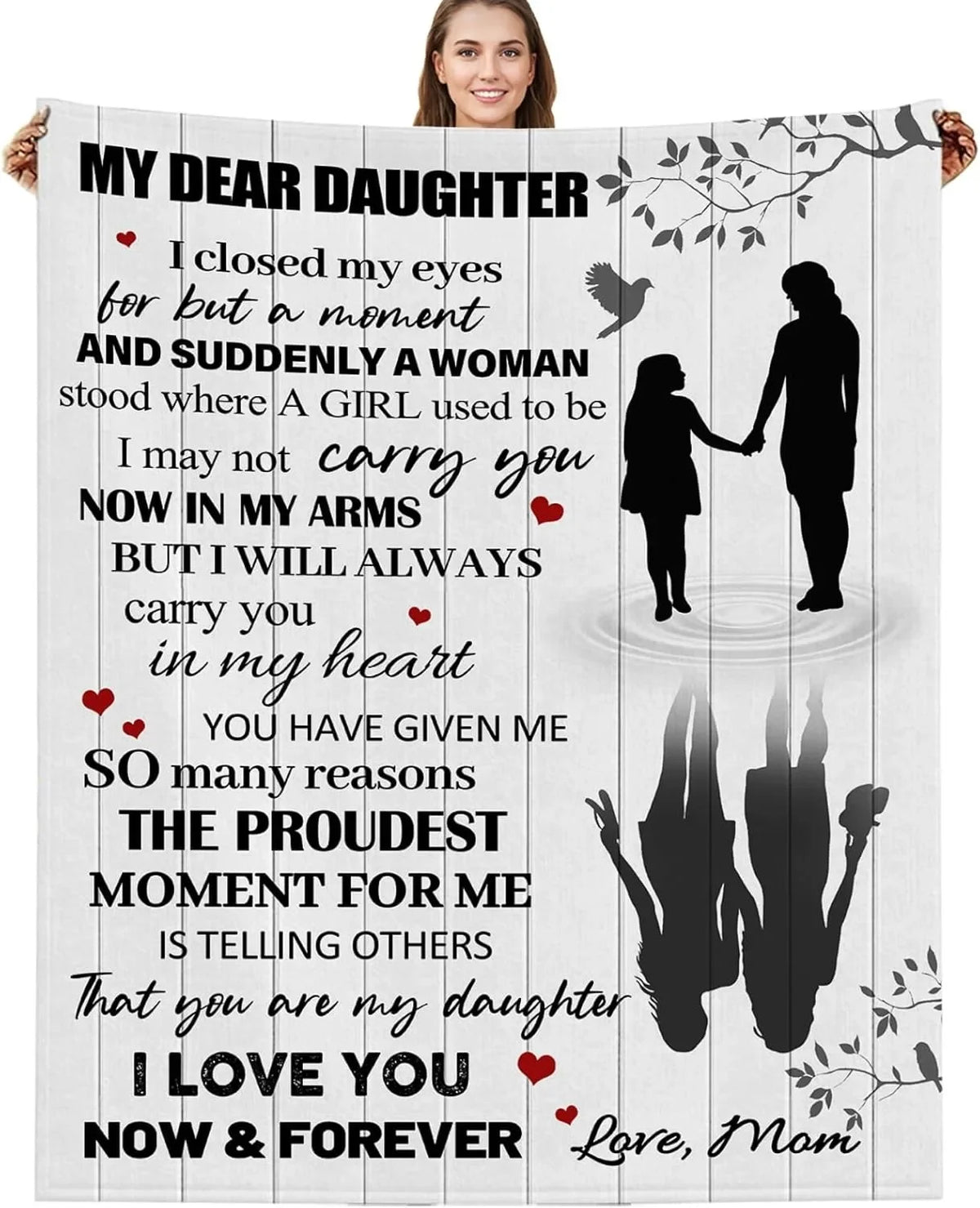A white fleece throw blanket featuring a heartfelt quote about a daughter and love