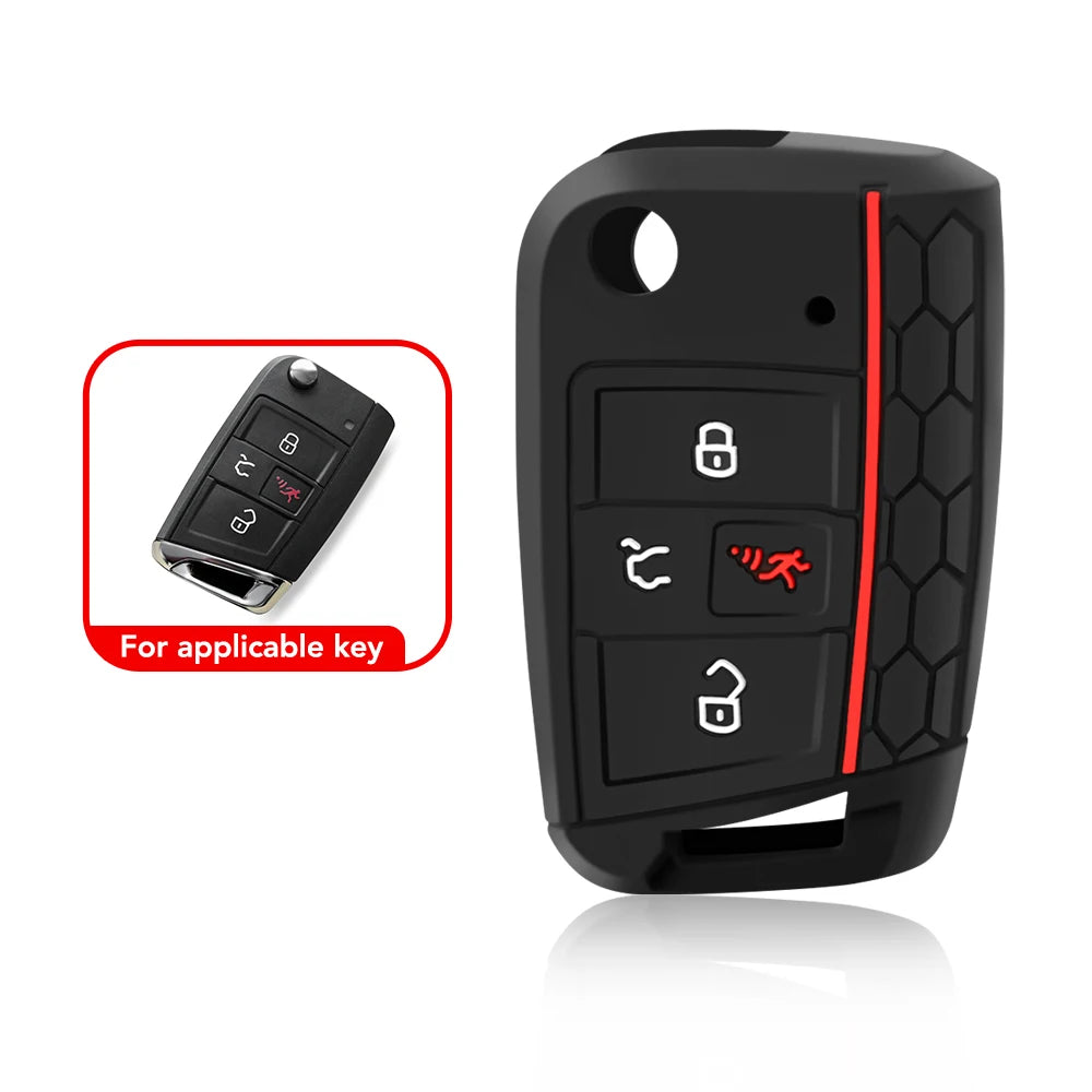 A black silicone car key fob cover with a red accent, shown next to the original key.