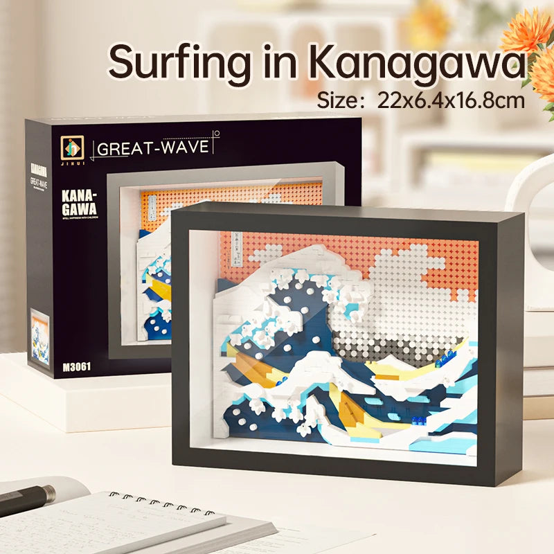 A framed painting of a surfing scene in Kanagawa featuring blue and white waves and orange accents.