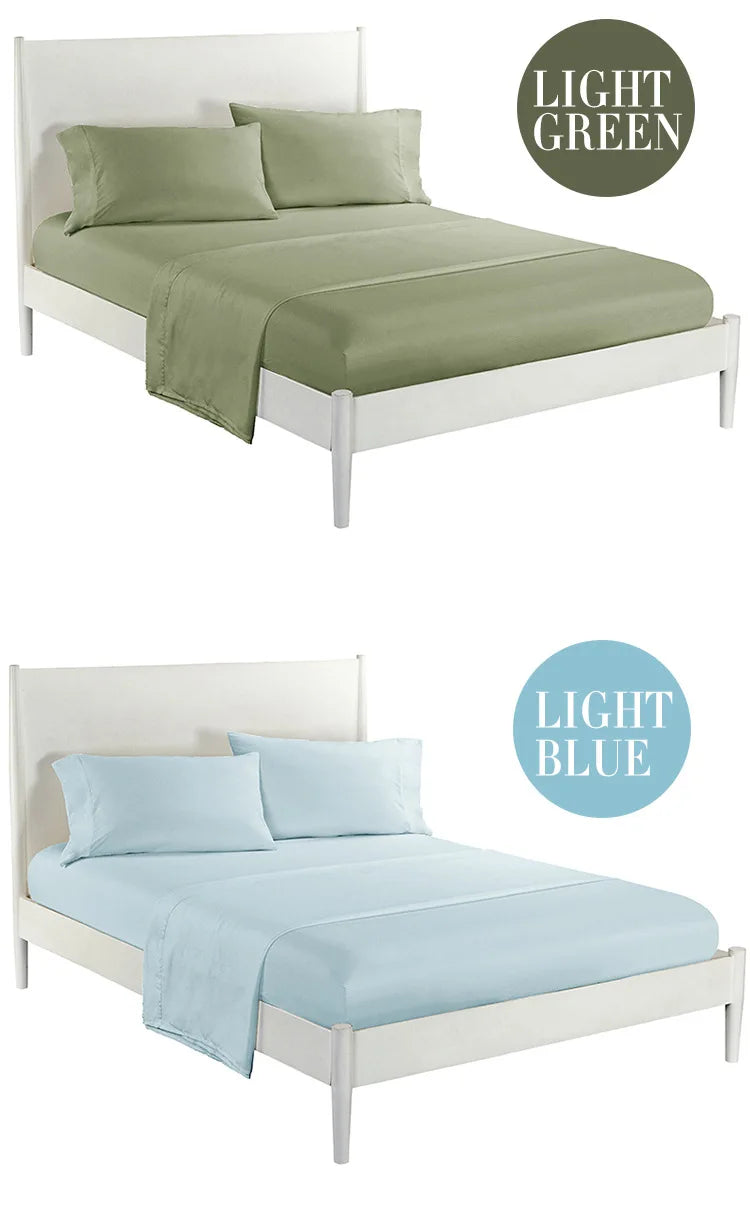 Cadre de lit blanc avec literie et oreillers vert clair, à côté d'une version bleu clair.