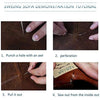 A four-step tutorial demonstrating how to punch, perforate, pull out, and sew out a hole in brown leather upholstery using ny