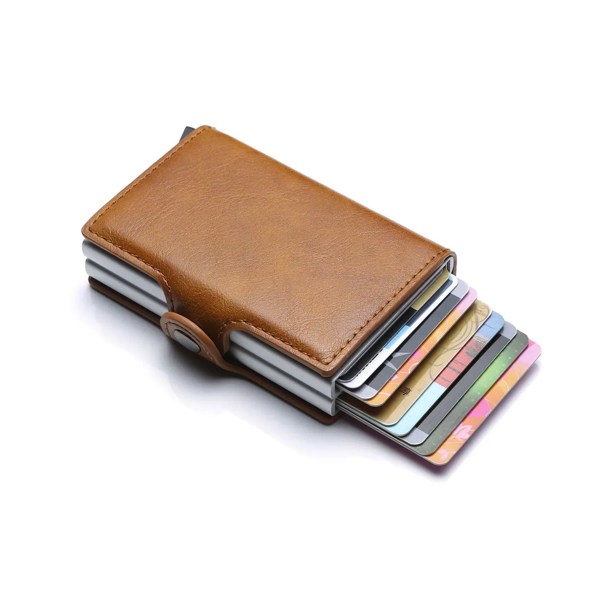 A brown leather wallet with multiple cards is shown open on a white background.