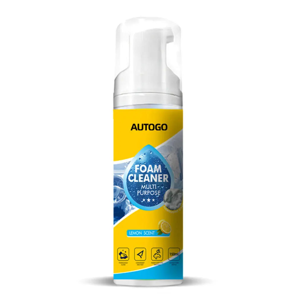 A white bottle of Autogo foam cleaner with a yellow label and a pump dispenser.