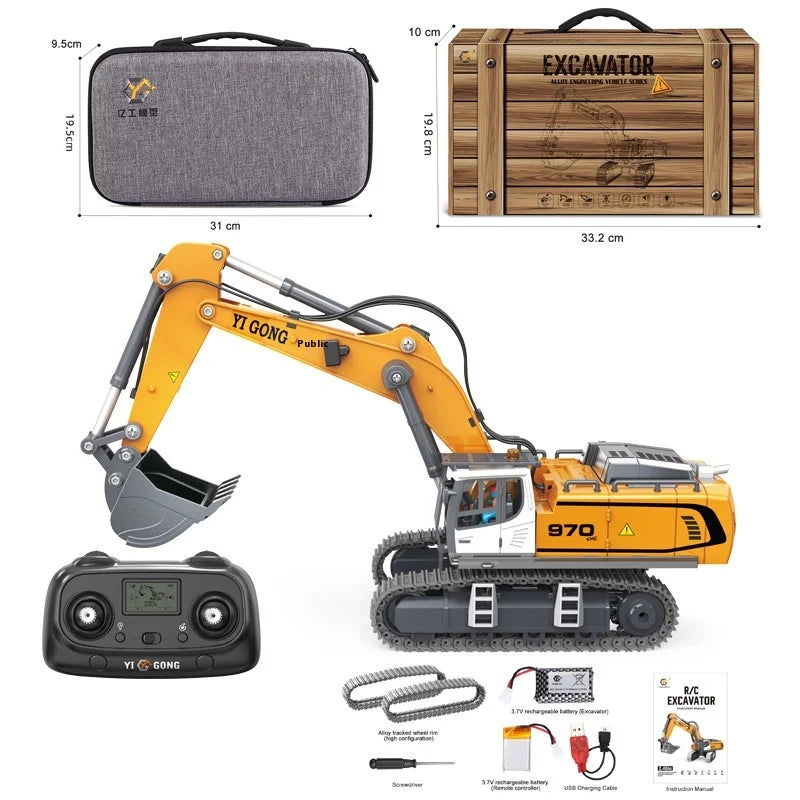 A remote control excavator kit showing the main body, control, and accessories for a 1:50 scale model.
