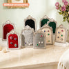 A display of arched resin jewelry stands featuring various colored gemstone and pearl necklaces.