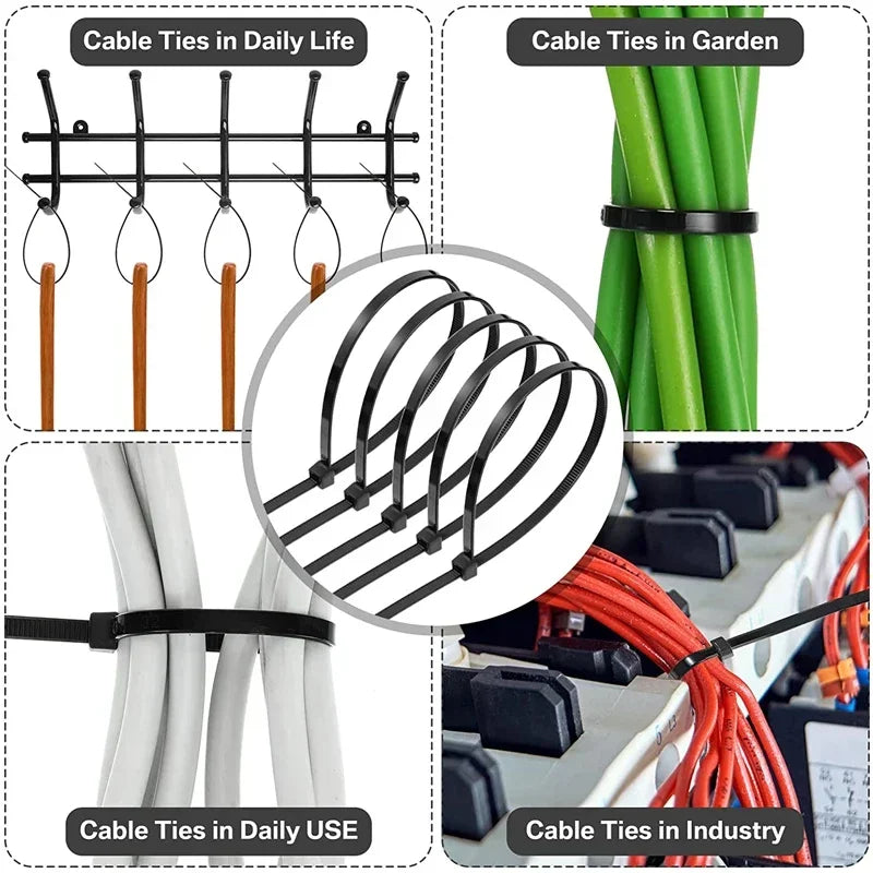 Various types of nylon self-locking cable ties shown in daily life, garden use, and industrial settings.