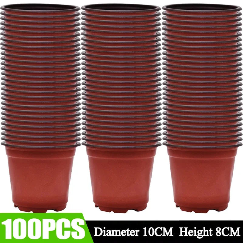 A set of 100 reusable terracotta plastic seedling pots with a diameter of 10cm and a height of 8cm.