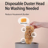 Disposable duster head for household cleaning, shown being placed into a container.
