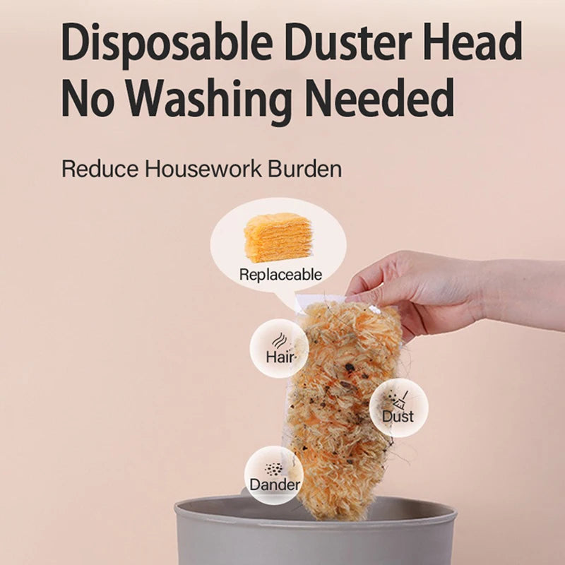 Disposable duster head for household cleaning, shown being placed into a container.