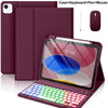 A purple multi-angle keyboard case for an iPad, shown with a keyboard, pen, and mouse.