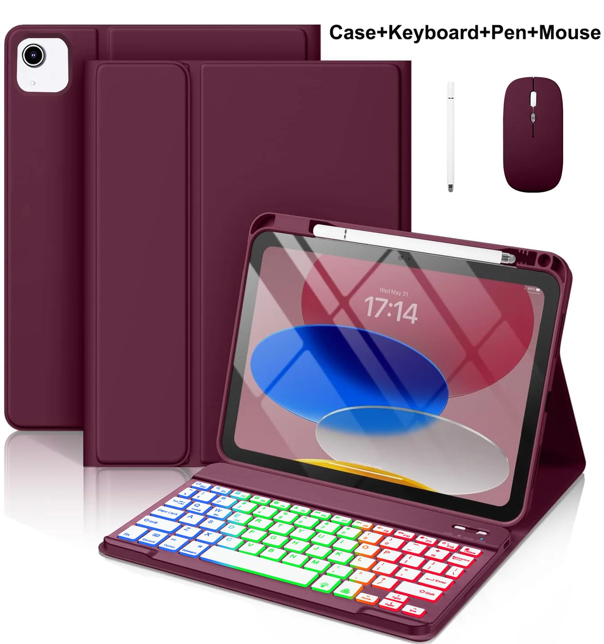A purple multi-angle keyboard case for an iPad, shown with a keyboard, pen, and mouse.