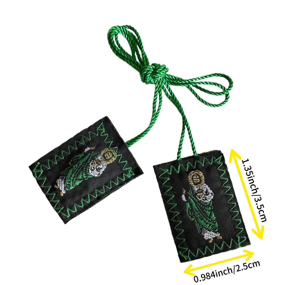 Set of three green scapular necklaces featuring Saint Jude and Our Lady of Guadalupe charms on black fabric tags.