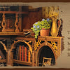 A rustic wooden bookshelf filled with old books and potted plants, creating a cozy miniature library scene.