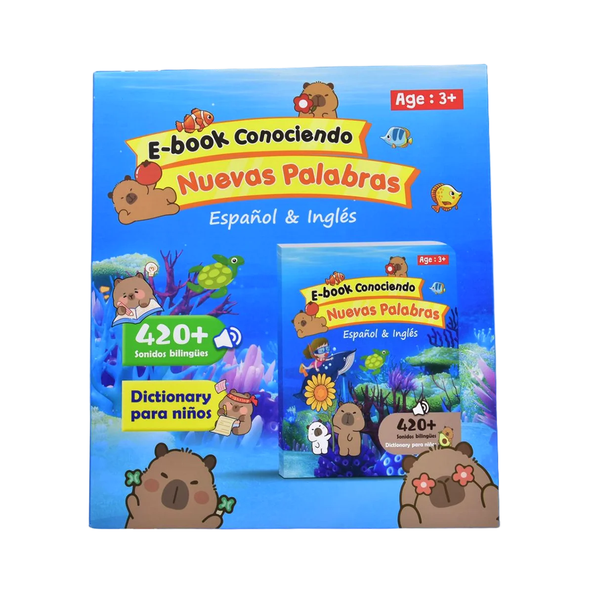 A box of an E-book titled Conociendo Nuevas Palabras for Spanish & Inglés, featuring illustrations of animals and children.