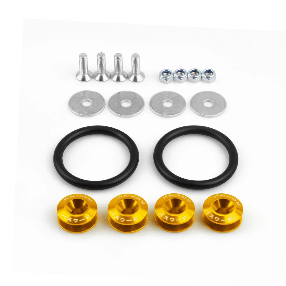 Aluminum quick release fastener kit for car bumpers and hatch lids including various screws and rings