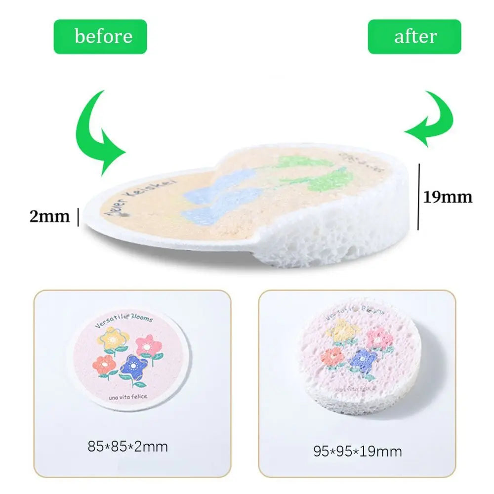 Before and after comparison of cotton scouring sponges showing size difference.