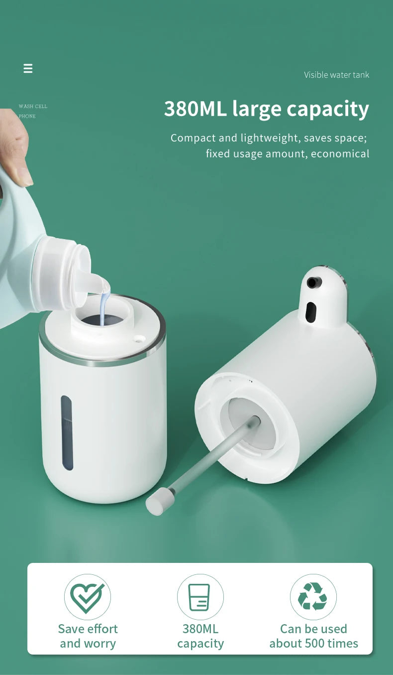 A white touchless automatic soap dispenser is shown with a pump mechanism and a dispensing nozzle on a green background.