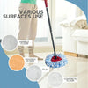 A mop is shown cleaning various surfaces including marble, wooden floor, tiles, and concrete floors.