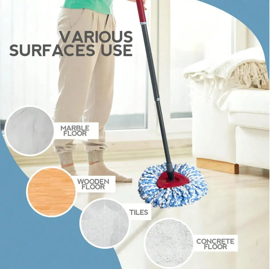 A mop is shown cleaning various surfaces including marble, wooden floor, tiles, and concrete floors.