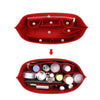 A red felt tote bag organizer insert with multiple pockets and compartments.