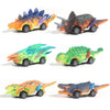 Six colorful dinosaur pull-back toy cars in various colors and poses.