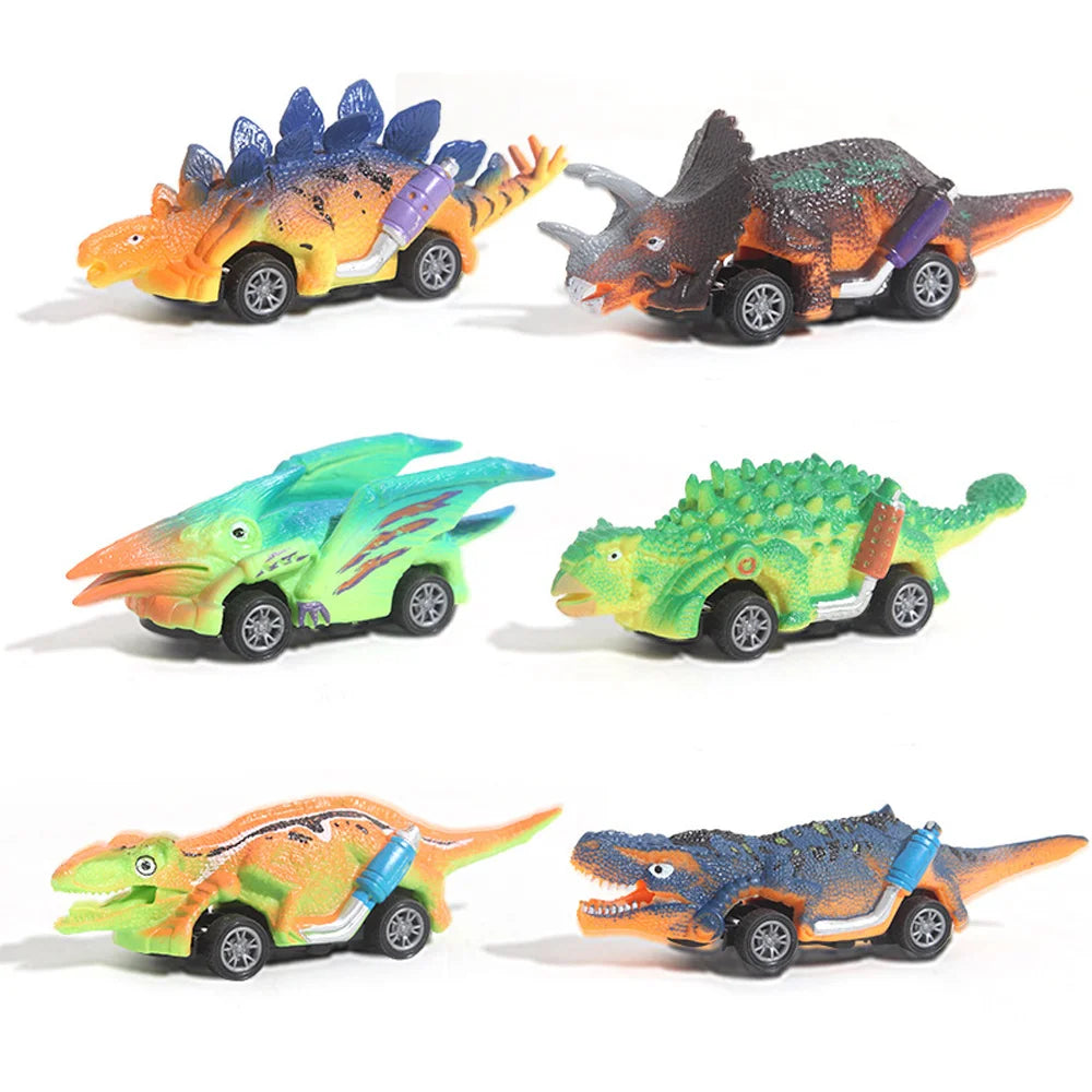 Six colorful dinosaur pull-back toy cars in various colors and poses.