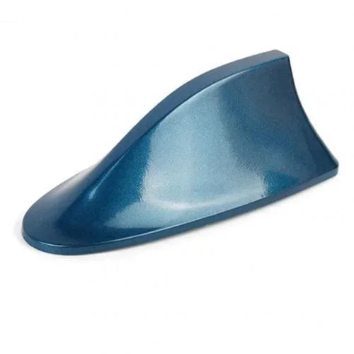 A dark blue shark fin car antenna with FM/AM signal enhancement.