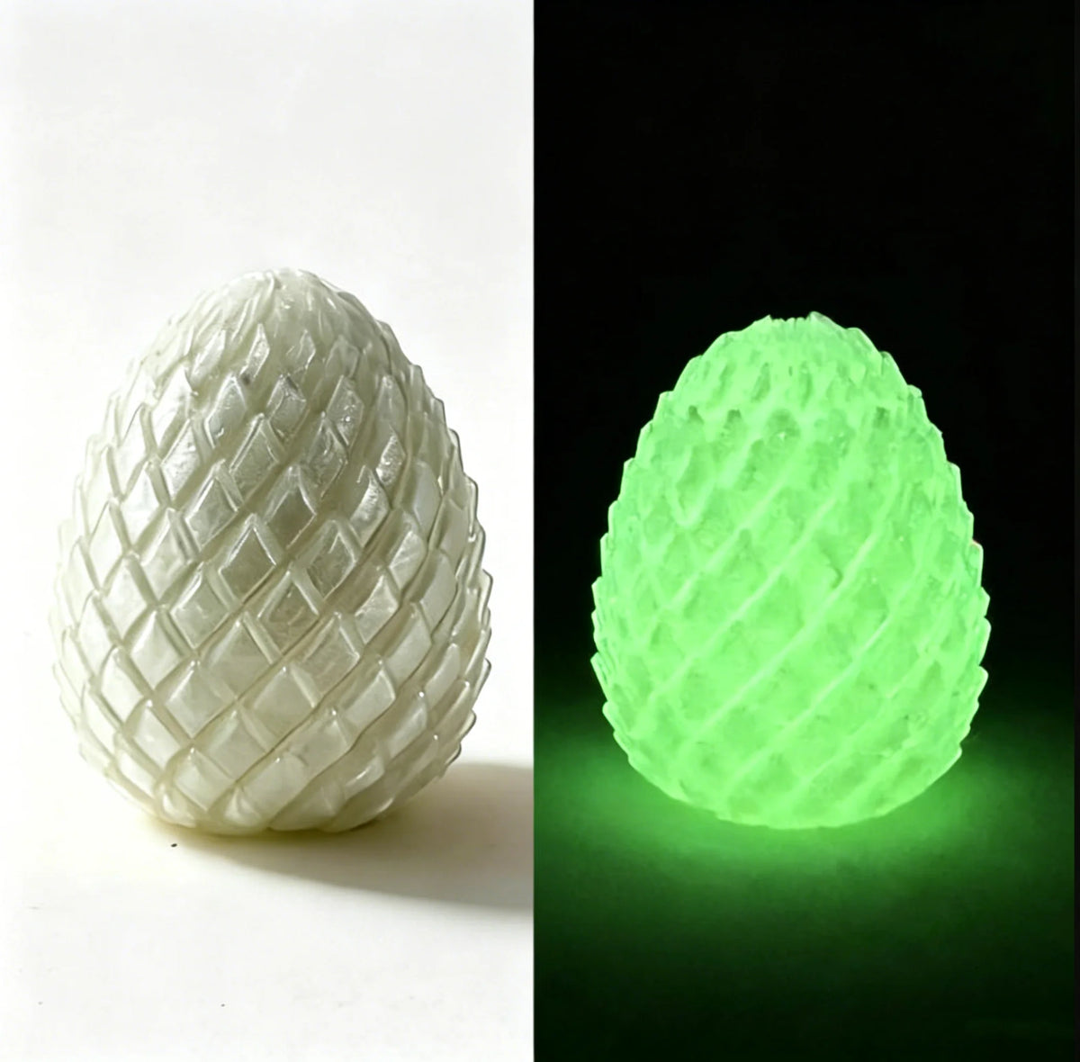 A white, textured fidget egg stress relief toy shown in two views: a bright white version and a glowing lime green version.