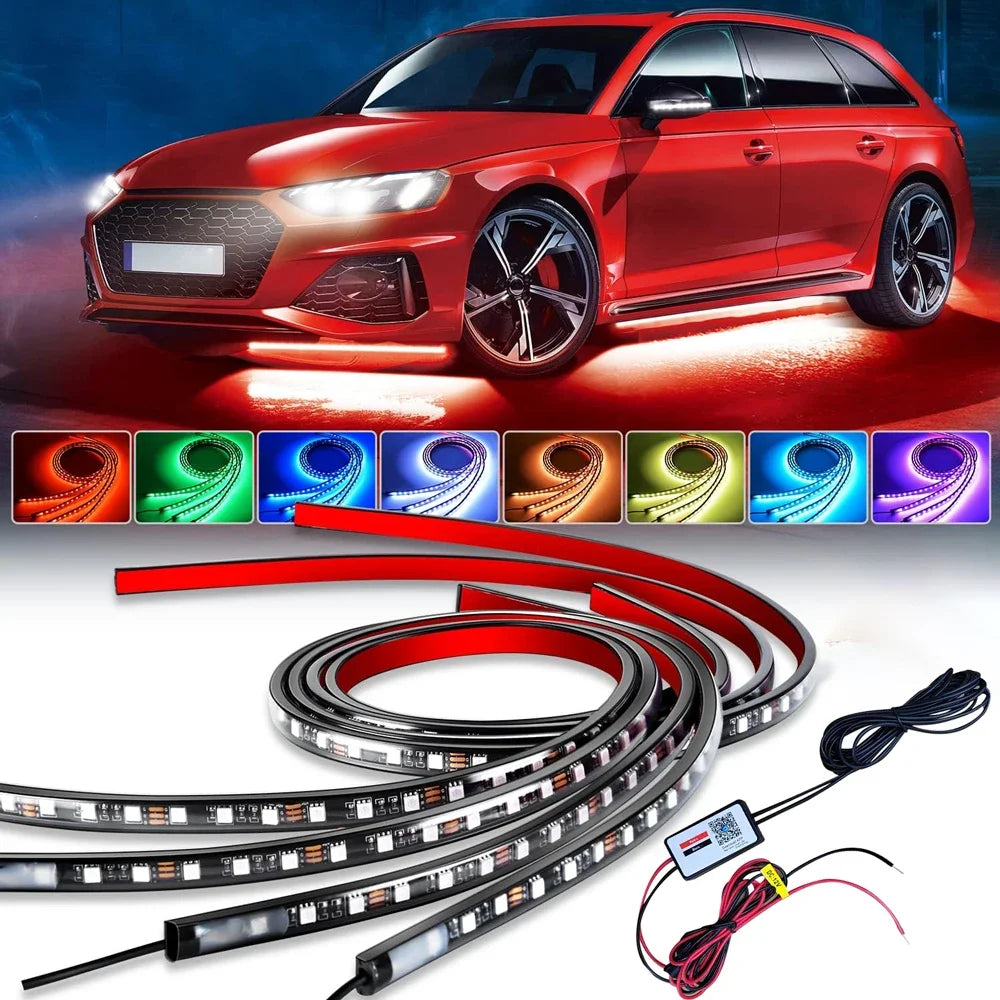 Red RGB car underglow strip lights with flexible LED wires and power connector