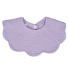 A lavender, textured cotton baby bib in a bandana style for newborns.
