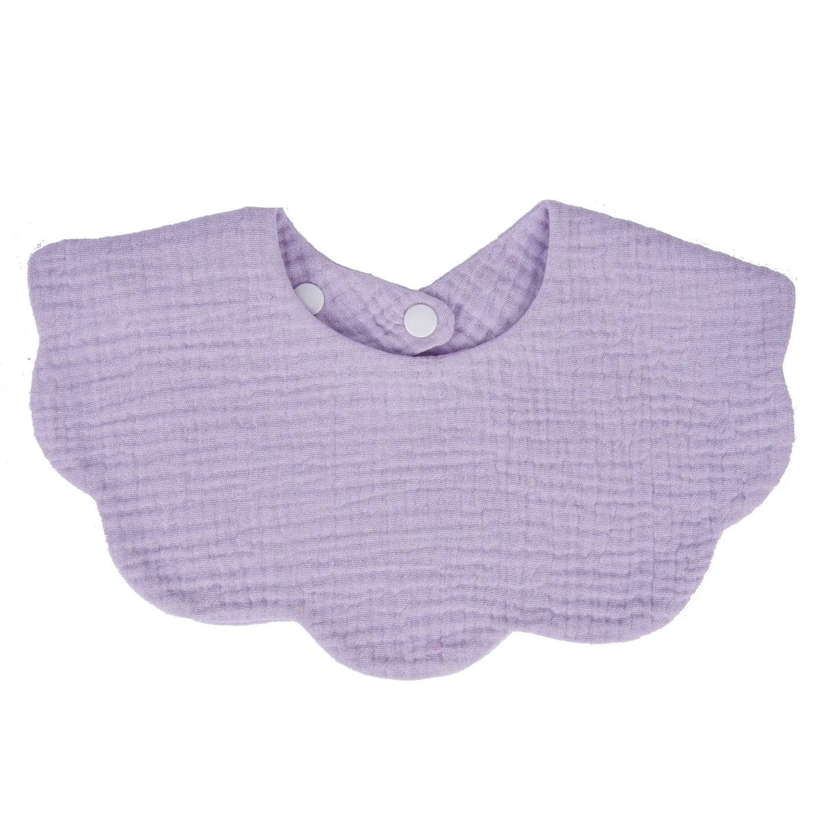 A lavender, textured cotton baby bib in a bandana style for newborns.