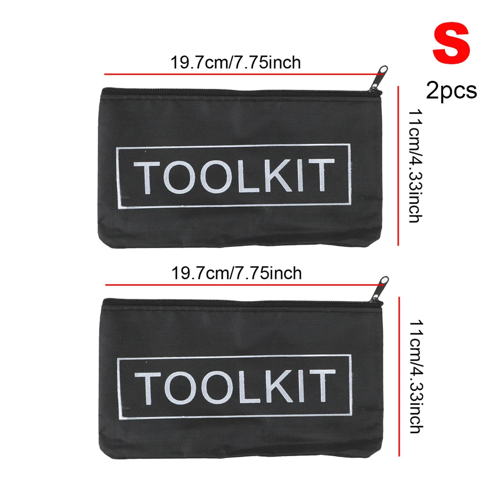 Two black portable waterproof tool kit bags are shown, measuring 19.7cm by 11cm each.