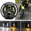A 7-inch motorcycle LED headlight with angel eyes and DRL lights shown in various views.