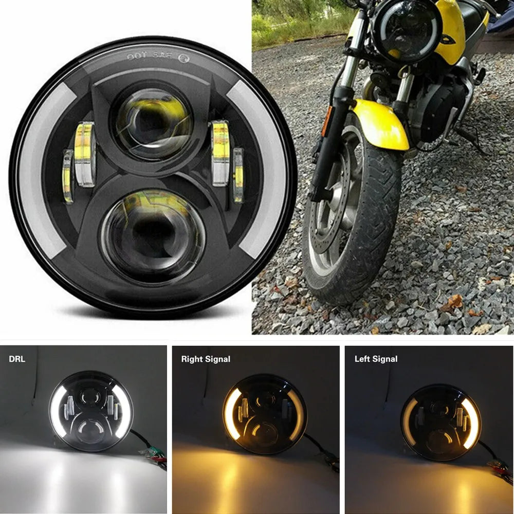 A 7-inch motorcycle LED headlight with angel eyes and DRL lights shown in various views.