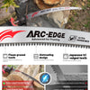 Close-up of an ARC-EDGE Japanese teeth design saw blade for pruning, showing various features and usage examples.