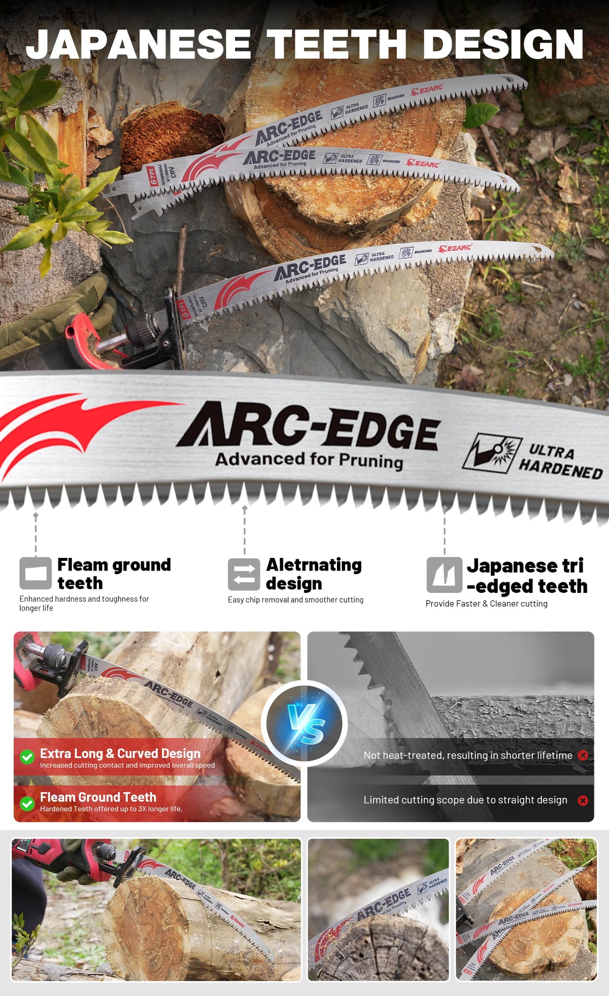 Close-up of an ARC-EDGE Japanese teeth design saw blade for pruning, showing various features and usage examples.
