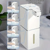A white touchless automatic soap dispenser is shown with various gear discharge settings illustrated.