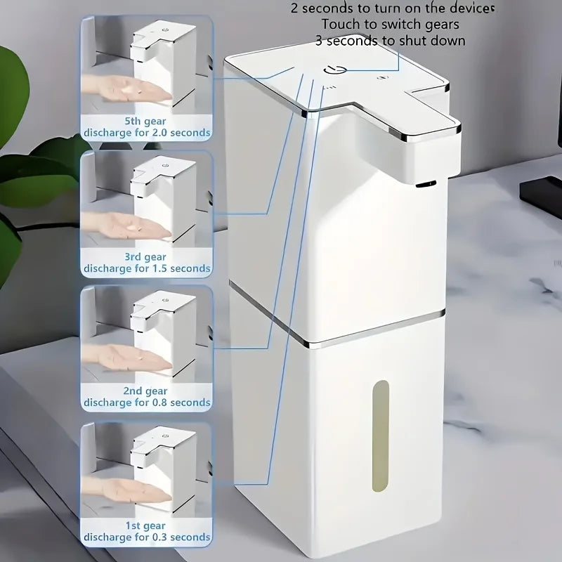 A white touchless automatic soap dispenser is shown with various gear discharge settings illustrated.