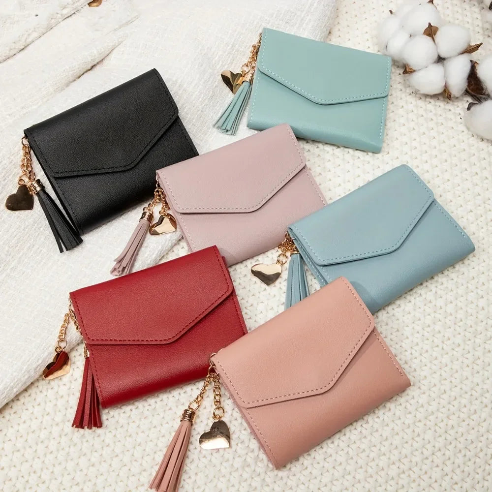 Compact PU Leather Clutch Wallet with Tassel
