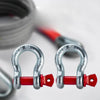 A pair of silver steel hooks attached to red plastic components, used for heavy-duty off-road tow rope.