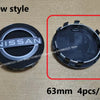 A close-up view of a black Nissan wheel center hub cap, shown next to a magnified view of the cap and text indicating 63mm si