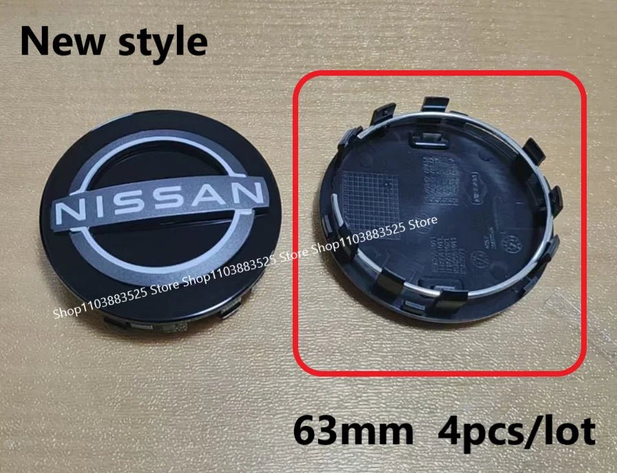 A close-up view of a black Nissan wheel center hub cap, shown next to a magnified view of the cap and text indicating 63mm si