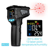 Black digital infrared thermometer with laser sighting displaying temperature and humidity readings.
